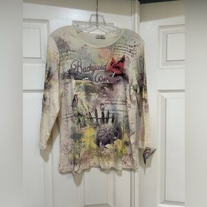 Vintage Cactus Y2K‎ Cotton Rhinestone Backyard Birds Top Shirt Size L